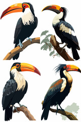 Fototapeta premium Digital illustration of four toucans, displayed against a white background, positioned on tree branches.