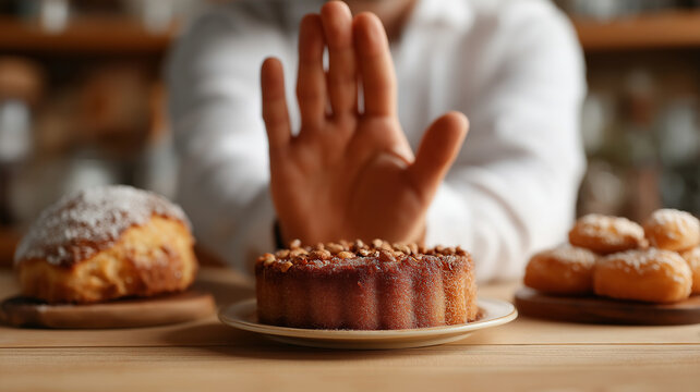Person is refusing pastries, including cake and doughnuts, suggesting gluten free diet choice. scene conveys sense of determination and dietary awareness