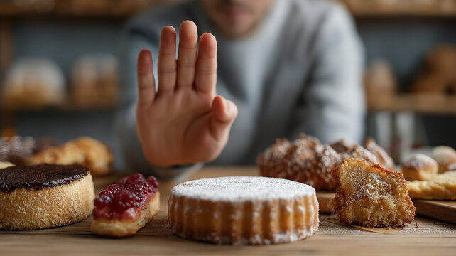 Person refusing pastries, showing hand gesture to decline various desserts on wooden table, suggesting gluten free diet choice