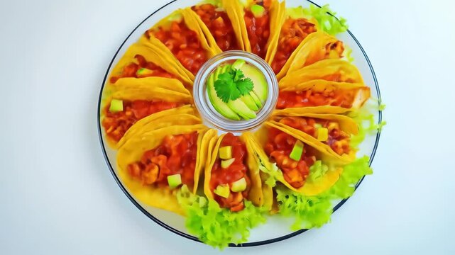Overhead view of a plate of tacos with salsa, lettuce, and avocado