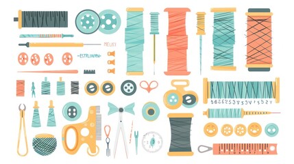 Colorful sewing supplies collection.  Flat vector illustration of various sewing tools, threads, buttons, and measuring instruments displayed in an organized grid.  Vibrant pastel colors