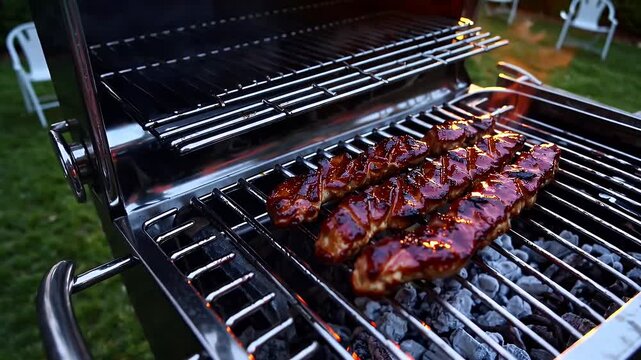 Delicious 4K backyard barbecue scene with marinated kalbi beef sizzling on a gas grill as the sun sets delivering rich color smoke and scent visuals for a summer food story