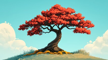 Vibrant red tree against a light blue sky, artistic illustration, for nature backgrounds
