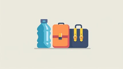 Flat illustration of a water bottle and two bags