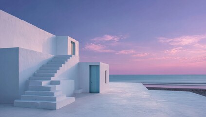 Serene coastal architecture bathed in soft pastel hues evokes a sense of tranquility and minimalist beauty at sunset near the ocean.