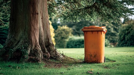 Obraz premium An orange trash bin stands resiliently beside a large tree in a serene green park.
