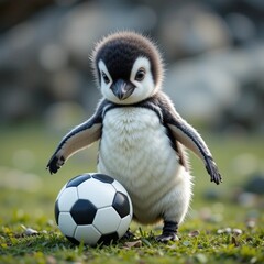 Obraz premium A baby penguin playing with a soccer ball