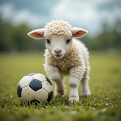 Obraz premium A baby sheep playing with a soccer ball