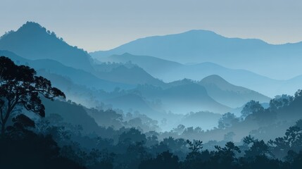 Fototapeta premium Misty mountain range, silhouette trees