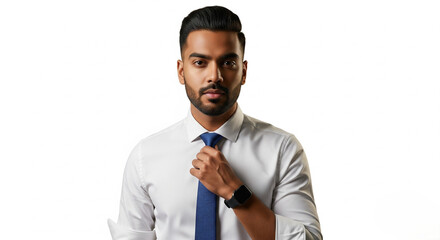 Thoughtful South Asian man in formal attire on white background