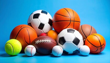Colorful collection of sports balls on bright blue background, sports, balls, collection, colorful, vibrant, patterns