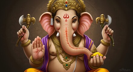 Detailed Artistic Depiction of Elephant Head Deity Holding Axes and Gold Coins, Ganesha Drawing