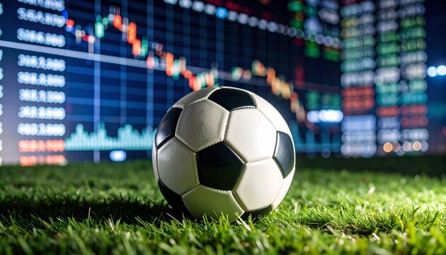 Soccer ball on grass with financial data background showcasing sports analytics - Powered by Adobe