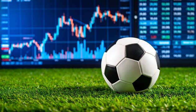 Soccer ball on grass with financial data background showcasing sports analytics