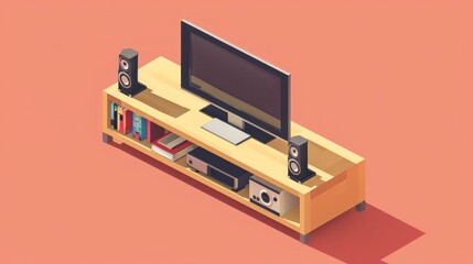 Isometric view of a wooden entertainment center with a TV and speakers.  Books and other electronics are visible on the shelves
