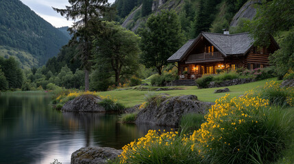 Fototapeta premium Serene Lakeside Cabin: A rustic cabin sits nestled beside a calm lake, surrounded by lush greenery and towering mountains. Captured in a stunning photo.