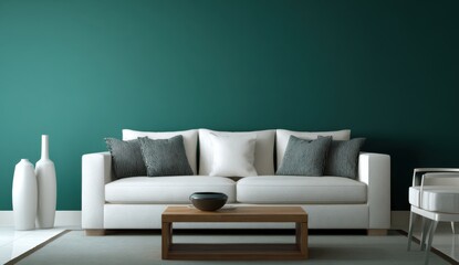 Serene living room showcasing a comfortable white sofa against a teal and dark green wall creating a peaceful and modern interior space.