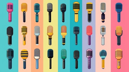 Colorful microphone collection. Various microphone types
