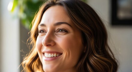 Obraz premium Smiling woman with brown hair looking upwards, bathed in natural light.