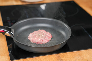 amburger Patty Cooking in Frying Pan – Sizzling Beef Burger