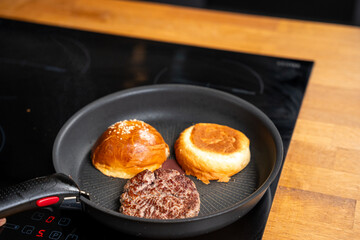 amburger Patty Cooking in Frying Pan – Sizzling Beef Burger