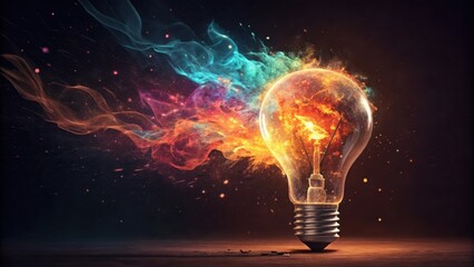 Fiery light bulb with colorful smoke isolated on white background