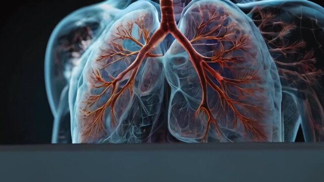 the intricate network of the human respiratory system as it is rendered in stunning transparency, revealing the delicate beauty of the lungs created with generative ai