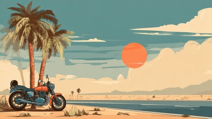 Retro motorcycle parked by palm trees on a sunny beach
