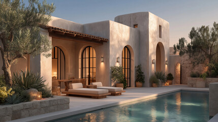 Serene Mediterranean Villa: A luxurious Mediterranean villa with a shimmering pool invites relaxation. The image exudes peace and tranquility, enhanced by warm lighting.