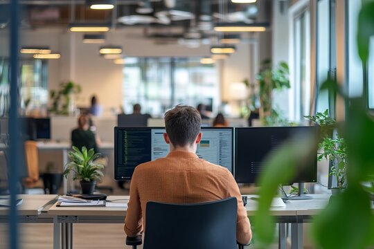 Focused software developer working on dual monitors in a modern open office with green plants and natural light
