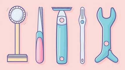 Five colorful tools on a pale pink background.  A round, reflective object resembling a fan, a nail clipper, a cleaning brush, a small tool, and a wrench are depicted.  Simple line art style
