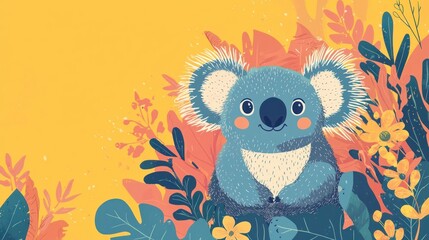 Fototapeta premium Cute koala in colorful floral background, children's illustration, nature, playful, stock photo
