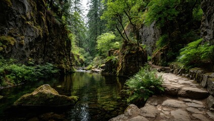 Serene waters flow through a lush canyon surrounded by mossy cliffs and vibrant green foliage creating a peaceful natural scene.