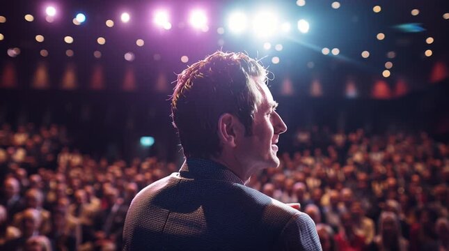 A man raising his arm in front of a large crowd under bright stage lights from a rear view point