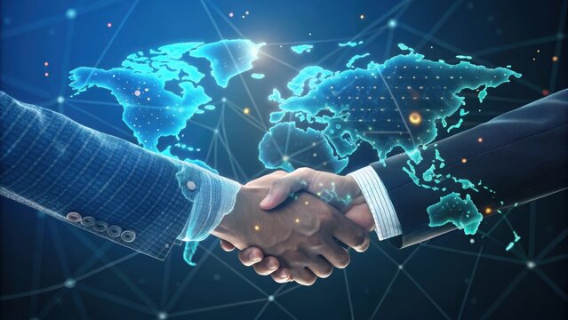 Global business partnership handshake with digital world map isolated on white background