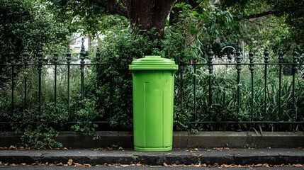 Naklejka premium A vibrant green trash bin stands against a backdrop of lush greenery in a serene park setting.