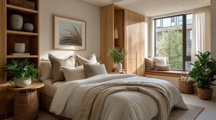 Serene Bedroom Sanctuary: A beautifully designed bedroom bathed in natural light. This photorealistic interior scene features soft textures and natural tones.