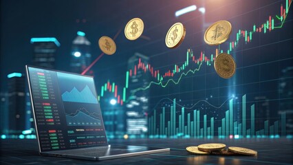 Digital currency trading with laptop and city skyline isolated on white background