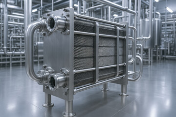 Stainless steel heat exchanger industry setting with pipes and machinery for efficient thermal energy transfer and fluid processing manufacturing