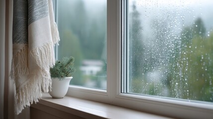 Cozy indoor view with raindrops on window, showcasing serene nature in the background and indoor plant