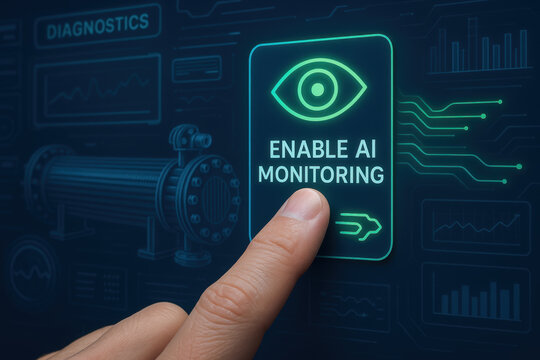 Finger pressing digital button with eye icon for AI monitoring in heat exchanger industry diagnostics system