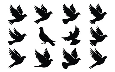 Vector art of collection of dove silhouettes, symbols of peace and freedom, isolated on white background