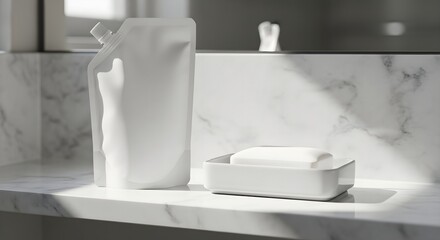 Minimalist Still Life: White Refill Pouch and Soap on a Sunlit Marble Vanity,mockup