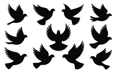Vector art of collection of dove silhouette icons isolated on white background for decoration and design use