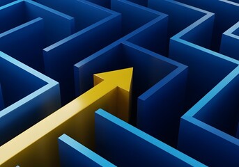 A bright yellow arrow navigates a complex blue maze, finding a clear path.