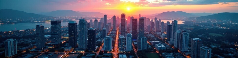 Fototapeta premium Vancouver cityscape, aerial drone view, Science World , vancouver, sunlight