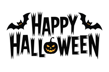 Vector art of happy halloween text with pumpkin and bats isolated on white background for greeting card
