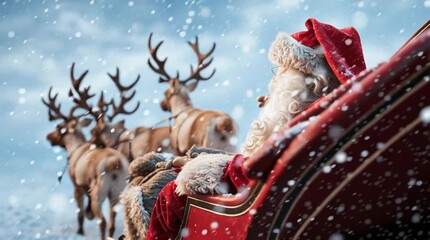 Santa claus waving from his sleigh pulled by reindeer during a snowy christmas celebration day - Powered by Adobe