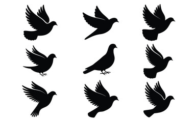 Vector art of collection of dove silhouettes in various poses isolated on white background for design element
