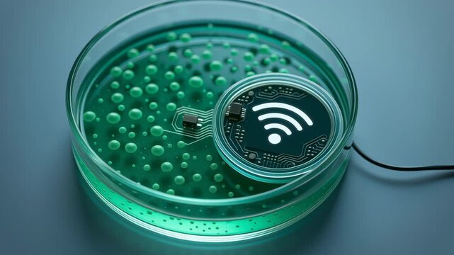 Bio innovation concept with engineering elements petri dish symbolizing technology connectivity and wireless circuit board for futuristic research